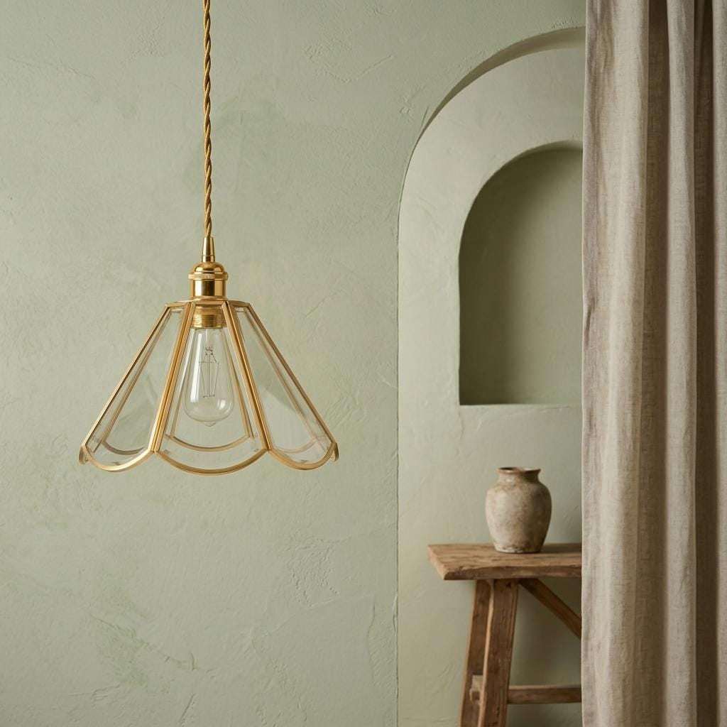 Handmade Clear Flared Pendant Light with Warm Gold-Tone Curved Lines - view 6