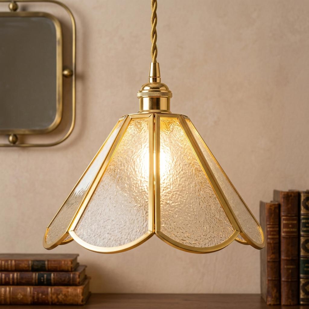 Handmade Clear Flared Pendant Light with Warm Gold-Tone Curved Lines - view 9