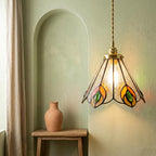 Handmade Peacock-Inspired Tiffany-Inspired Pendant Light with Orange and Green Feather-Eye Motifs - view 6
