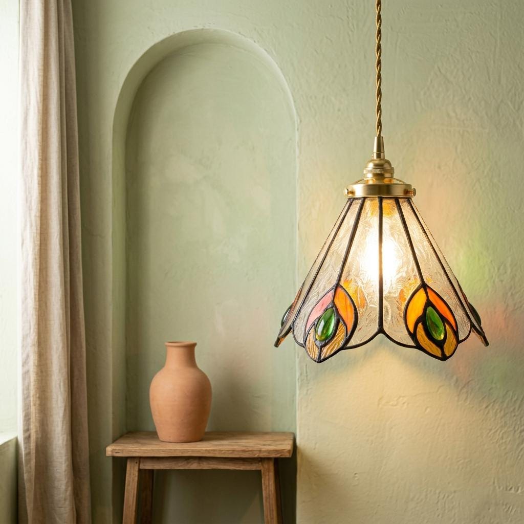 Handmade Peacock-Inspired Tiffany-Inspired Pendant Light with Orange and Green Feather-Eye Motifs - view 6