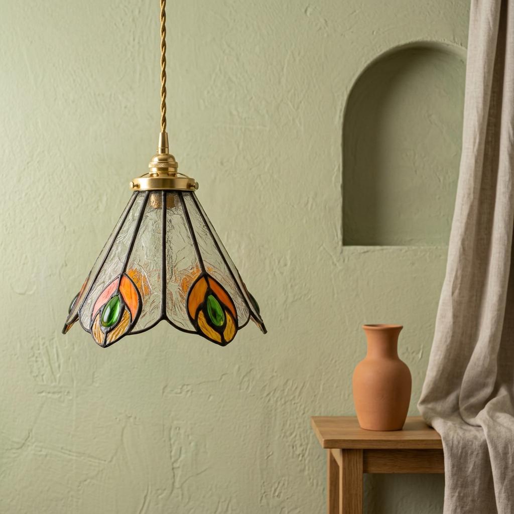 Handmade Peacock-Inspired Tiffany-Inspired Pendant Light with Orange and Green Feather-Eye Motifs - view 7