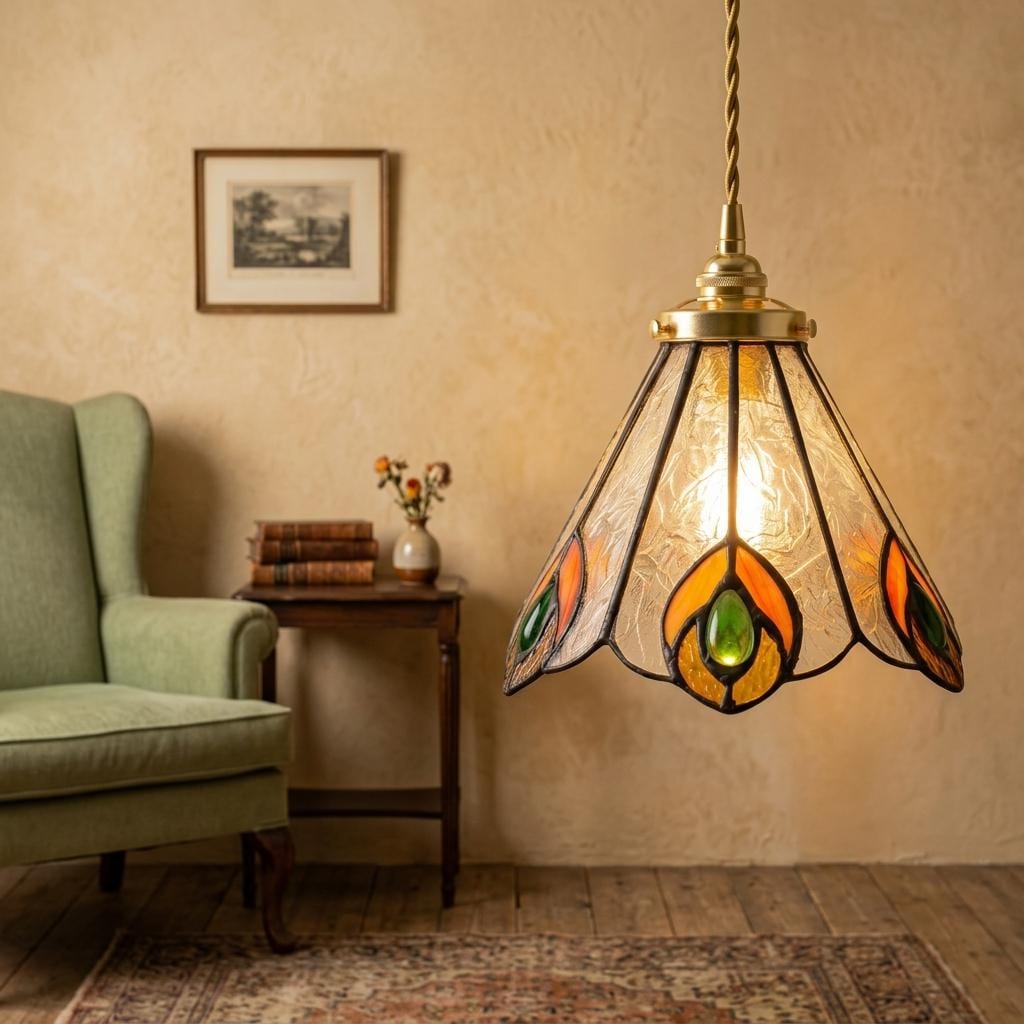 Handmade Peacock-Inspired Tiffany-Inspired Pendant Light with Orange and Green Feather-Eye Motifs - view 8