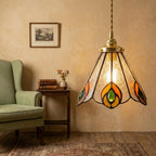 Handmade Peacock-Inspired Tiffany-Inspired Pendant Light with Orange and Green Feather-Eye Motifs - view 8