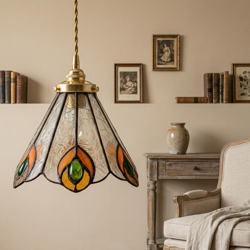 Handmade Peacock-Inspired Tiffany-Inspired Pendant Light with Orange and Green Feather-Eye Motifs - view 9