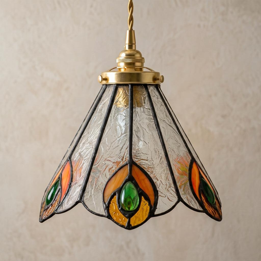 Handmade Peacock-Inspired Tiffany-Inspired Pendant Light with Orange and Green Feather-Eye Motifs - view 5