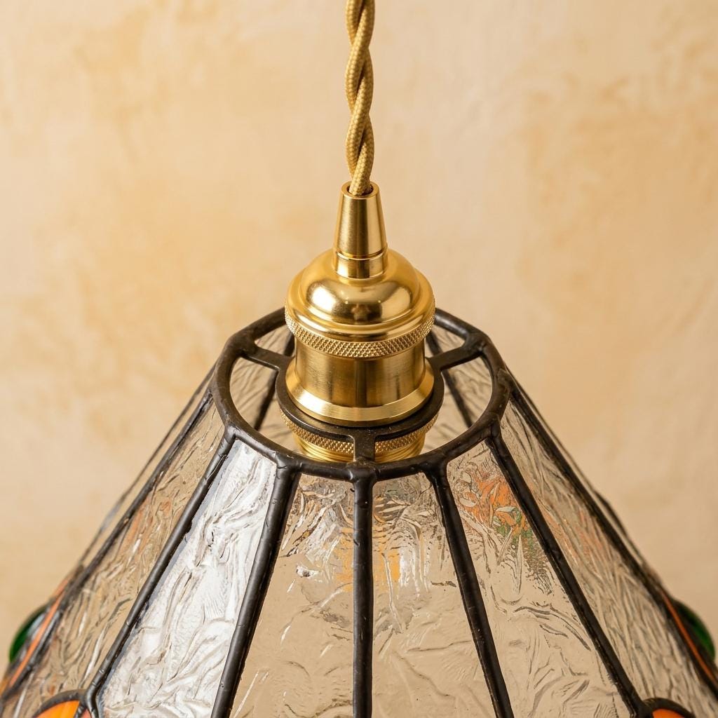 Handmade Peacock-Inspired Tiffany-Inspired Pendant Light with Orange and Green Feather-Eye Motifs - view 4