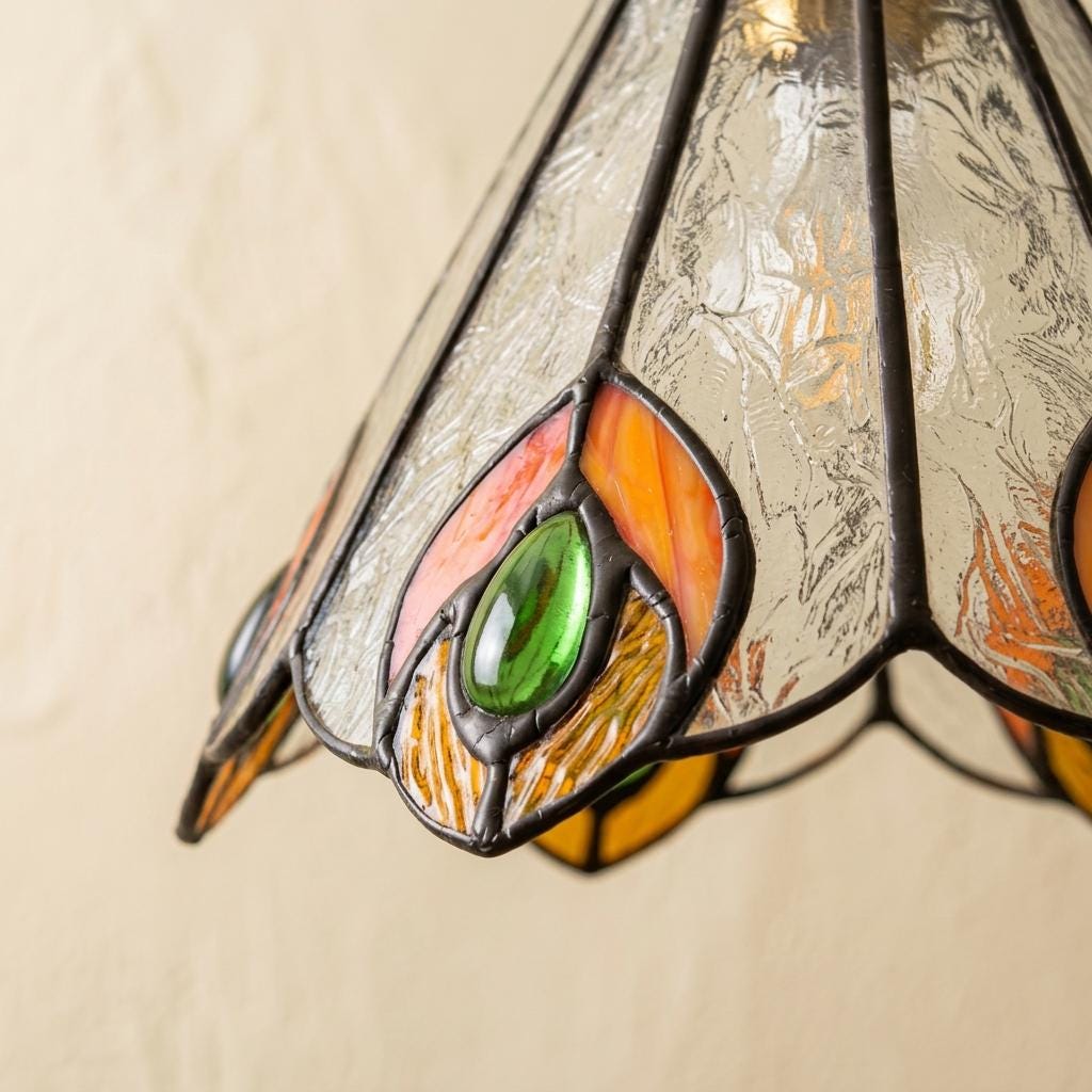 Handmade Peacock-Inspired Tiffany-Inspired Pendant Light with Orange and Green Feather-Eye Motifs - view 3
