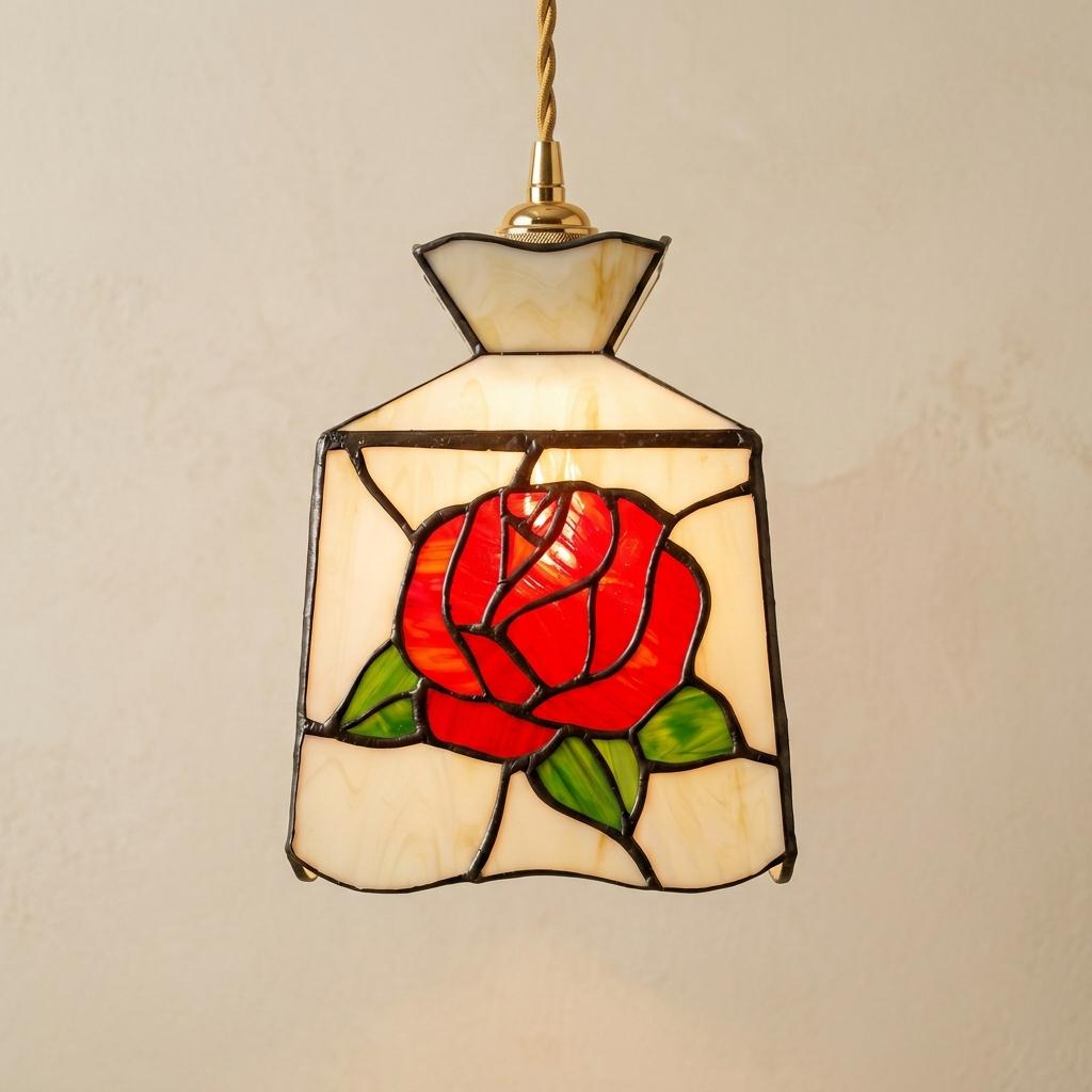 Handmade Red-Rose Lantern Tiffany-Inspired Pendant Light with Cream Geometric Panels by AuroraeGlass