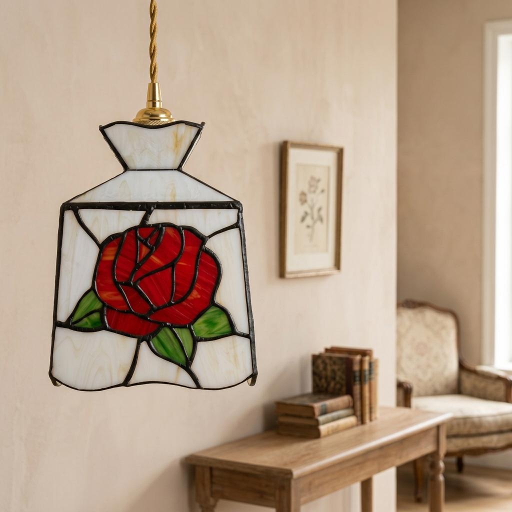 Handmade Red-Rose Lantern Tiffany-Inspired Pendant Light with Cream Geometric Panels - view 9