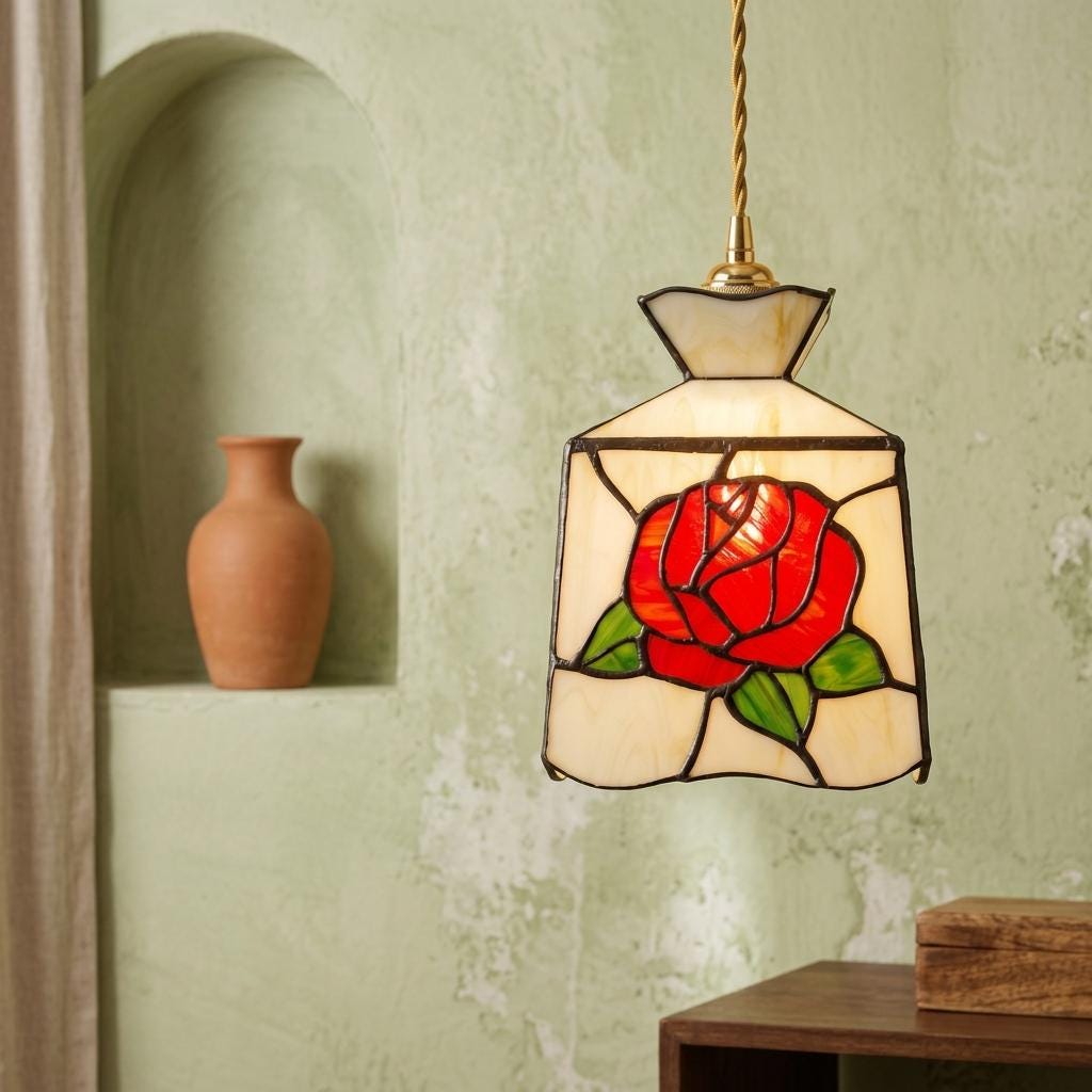 Handmade Red-Rose Lantern Tiffany-Inspired Pendant Light with Cream Geometric Panels - view 6