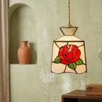 Handmade Red-Rose Lantern Tiffany-Inspired Pendant Light with Cream Geometric Panels - view 6