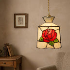 Handmade Red-Rose Lantern Tiffany-Inspired Pendant Light with Cream Geometric Panels - view 8