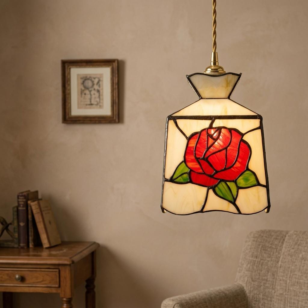 Handmade Red-Rose Lantern Tiffany-Inspired Pendant Light with Cream Geometric Panels - view 8