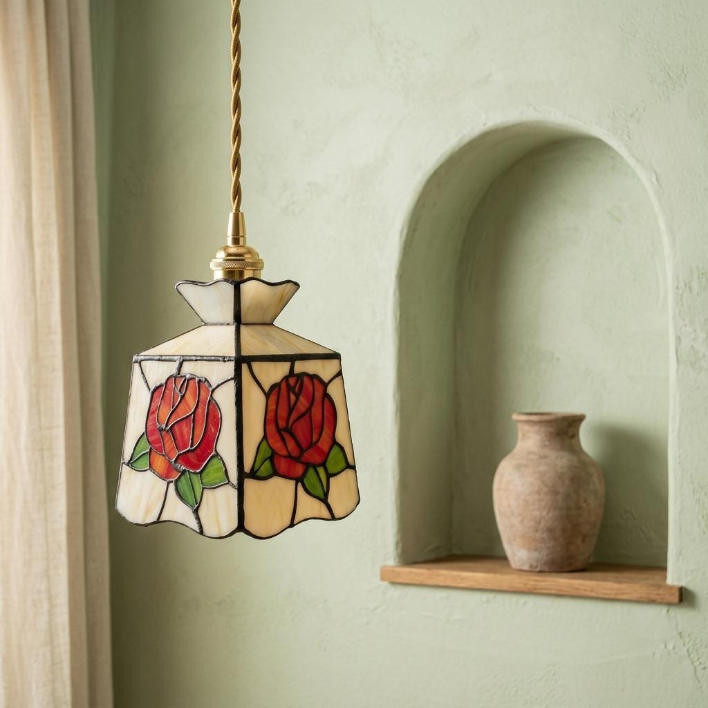 Handmade Red-Rose Lantern Tiffany-Inspired Pendant Light with Cream Geometric Panels - view 7