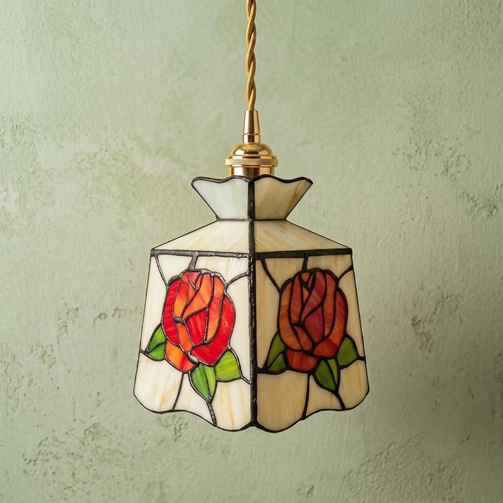 Handmade Red-Rose Lantern Tiffany-Inspired Pendant Light with Cream Geometric Panels - view 5