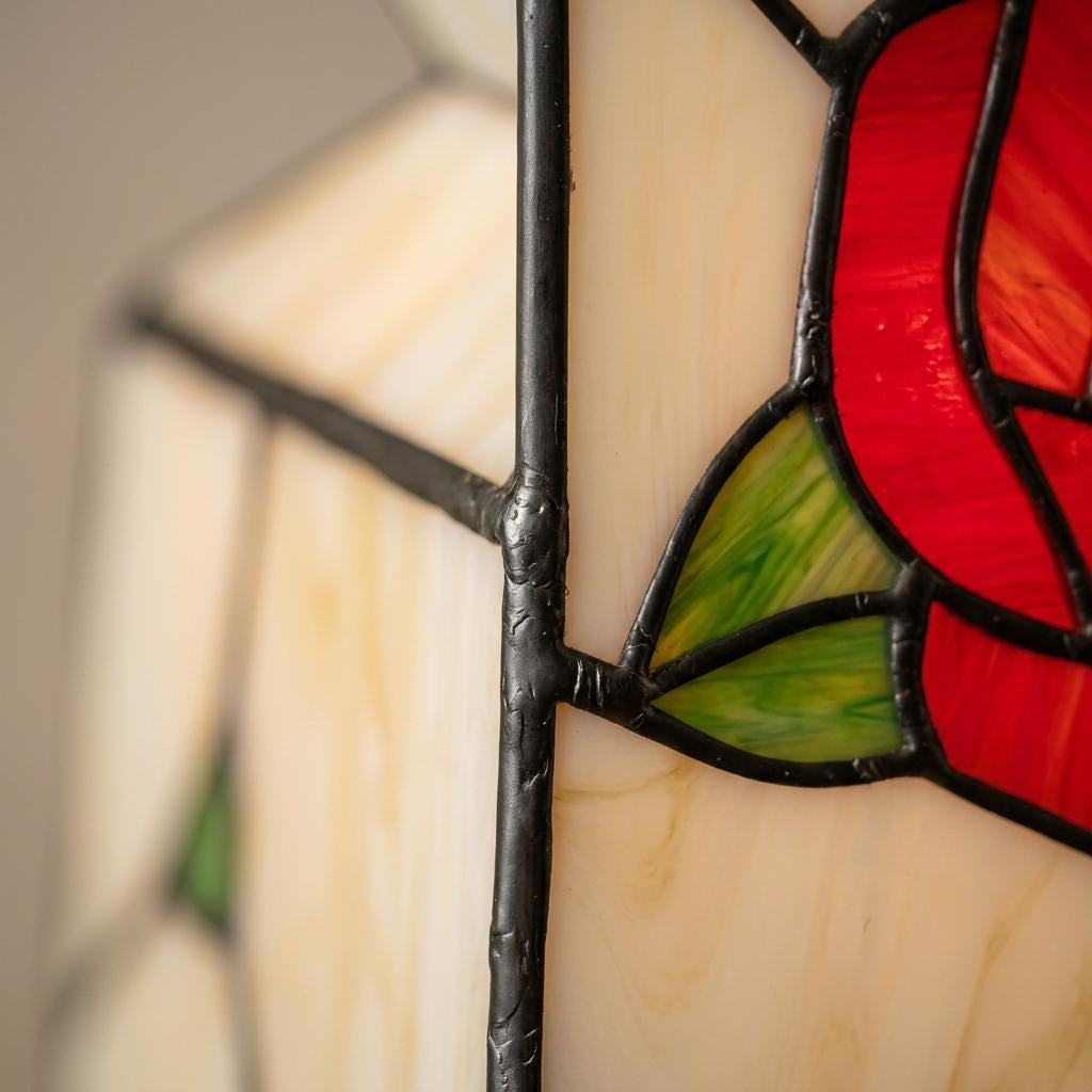 Handmade Red-Rose Lantern Tiffany-Inspired Pendant Light with Cream Geometric Panels - view 3