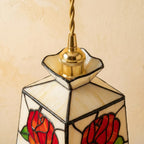 Handmade Red-Rose Lantern Tiffany-Inspired Pendant Light with Cream Geometric Panels - view 4
