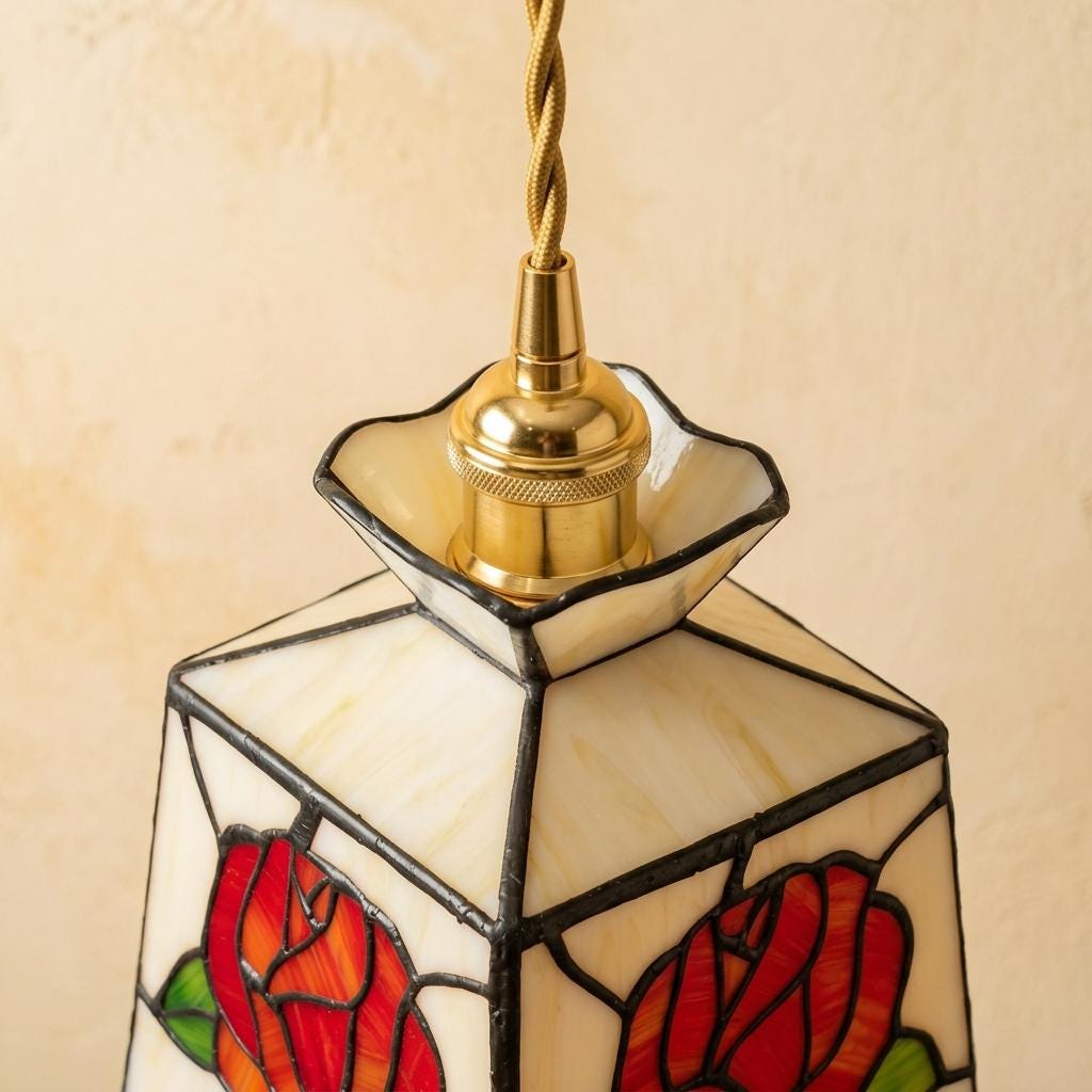 Handmade Red-Rose Lantern Tiffany-Inspired Pendant Light with Cream Geometric Panels - view 4