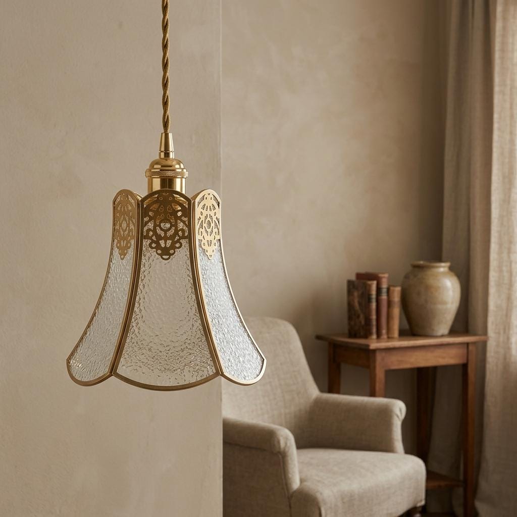 Handmade Clear Flared Pendant Light with Gold-Tone Scroll Details - view 9