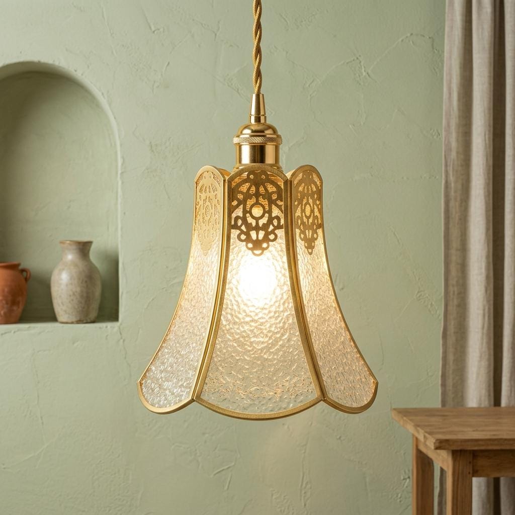 Handmade Clear Flared Pendant Light with Gold-Tone Scroll Details - view 6