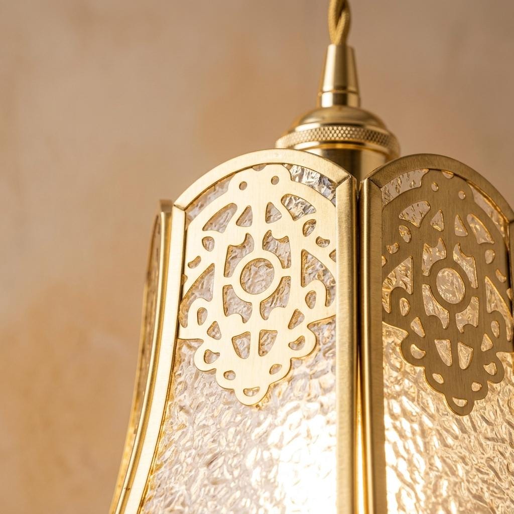 Handmade Clear Flared Pendant Light with Gold-Tone Scroll Details - view 3
