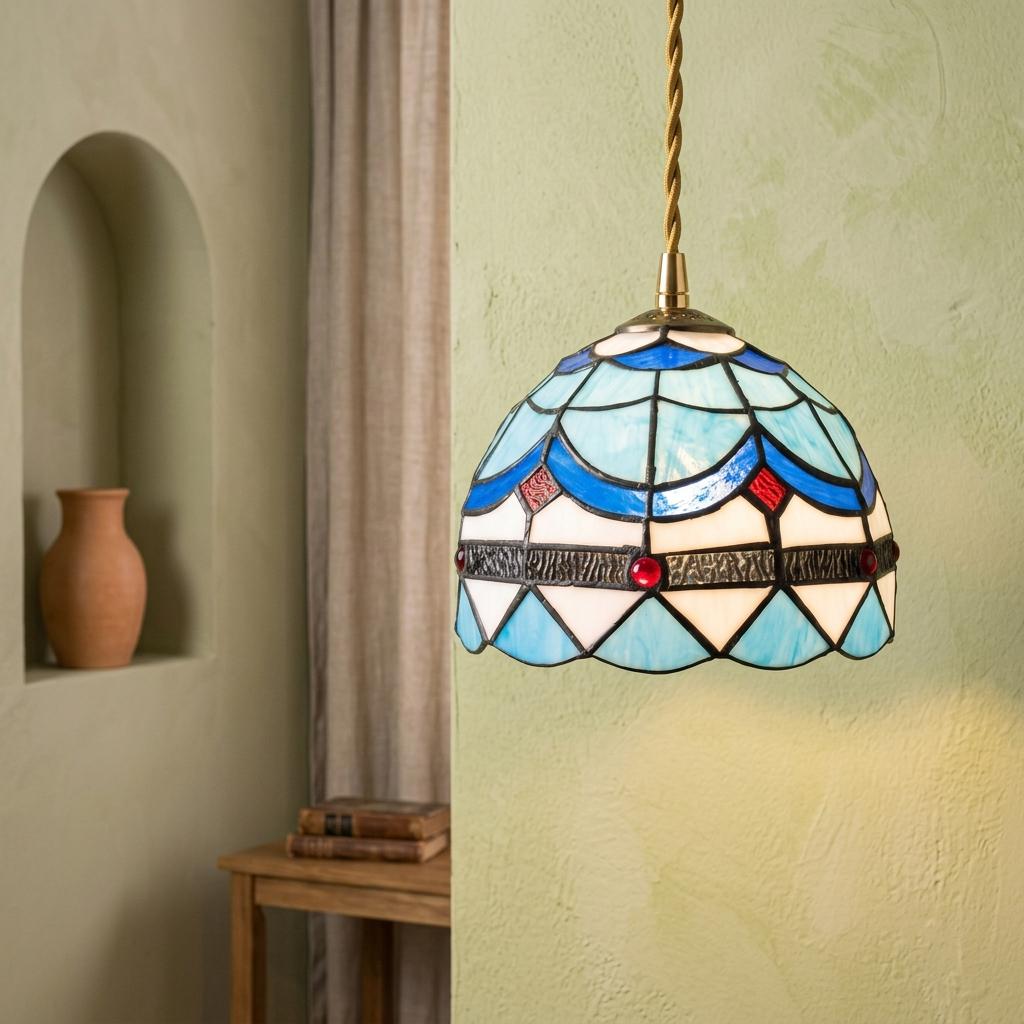 Handmade Blue and White Dome Tiffany-Inspired Pendant Light with Scalloped Bands and Red Details - view 6