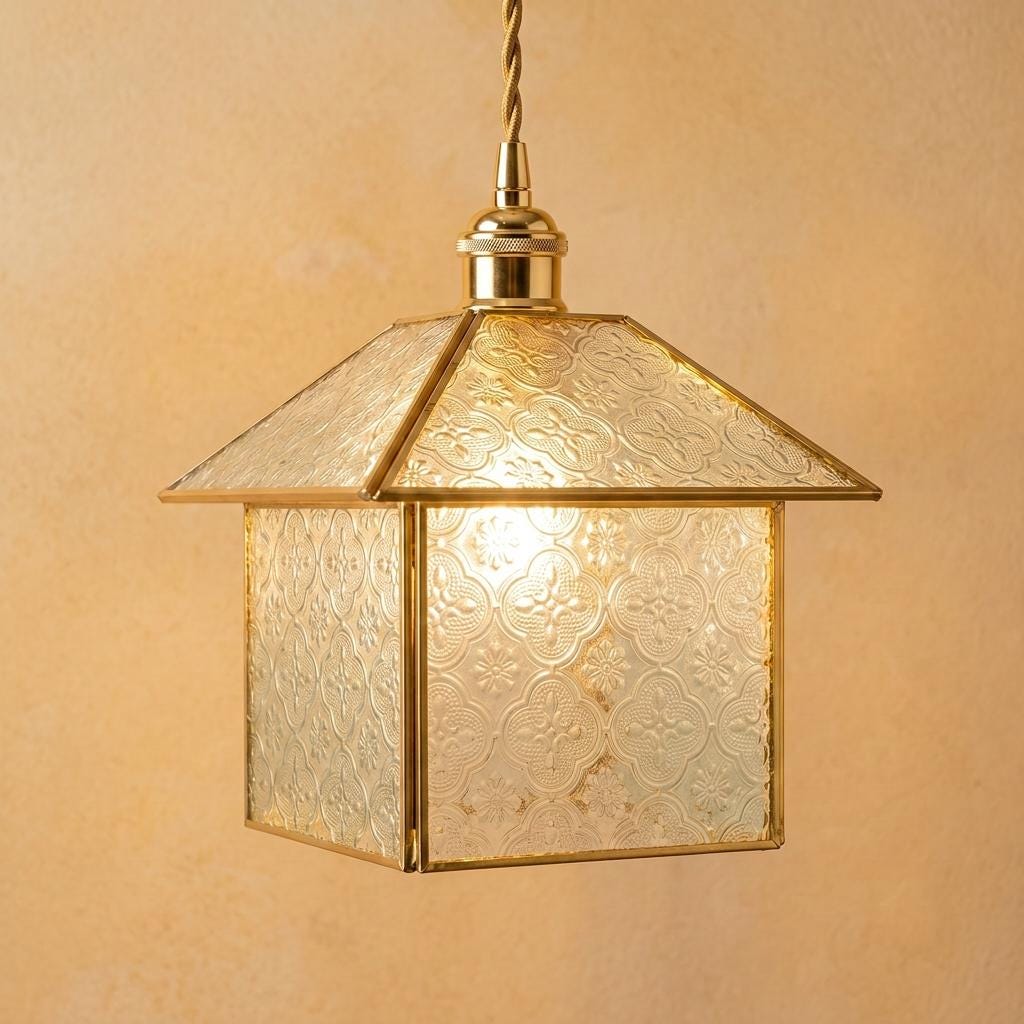 Handmade House-Shaped Pendant Light with Patterned Panels and Gold-Tone Frame by AuroraeGlass