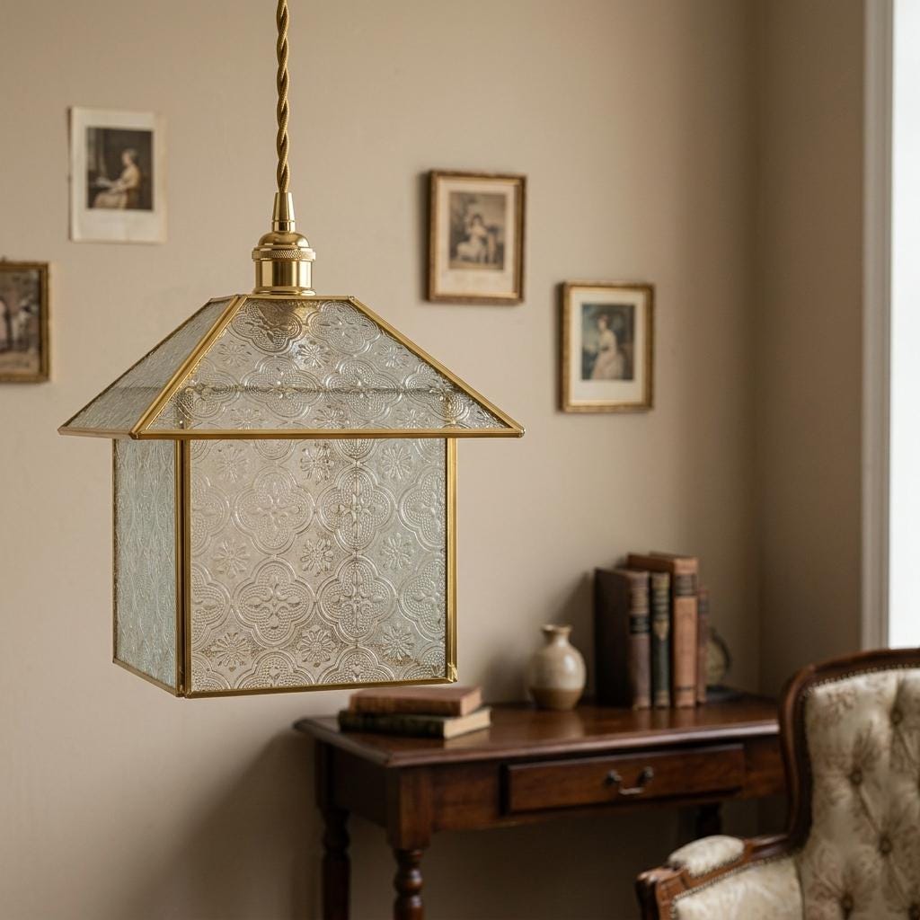 Handmade House-Shaped Pendant Light with Patterned Panels and Gold-Tone Frame - view 9