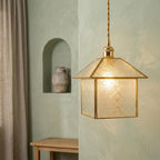 Handmade House-Shaped Pendant Light with Patterned Panels and Gold-Tone Frame - view 6