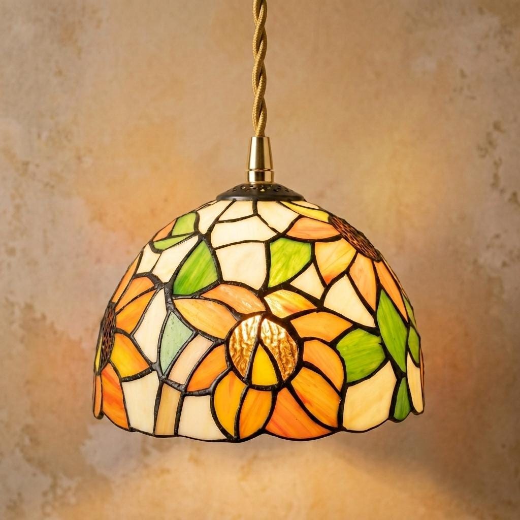 Handmade Yellow Floral Dome Tiffany-Inspired Pendant Light with Orange Petals and Green Leaves by AuroraeGlass