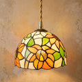 Handmade Yellow Floral Dome Tiffany-Inspired Pendant Light with Orange Petals and Green Leaves by AuroraeGlass