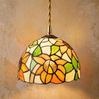 Handmade Yellow Floral Dome Tiffany-Inspired Pendant Light with Orange Petals and Green Leaves by AuroraeGlass