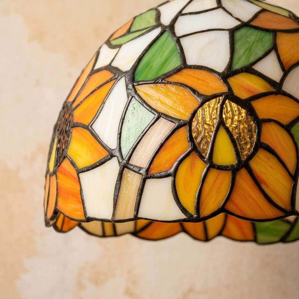 Handmade Yellow Floral Dome Tiffany-Inspired Pendant Light with Orange Petals and Green Leaves - view 3