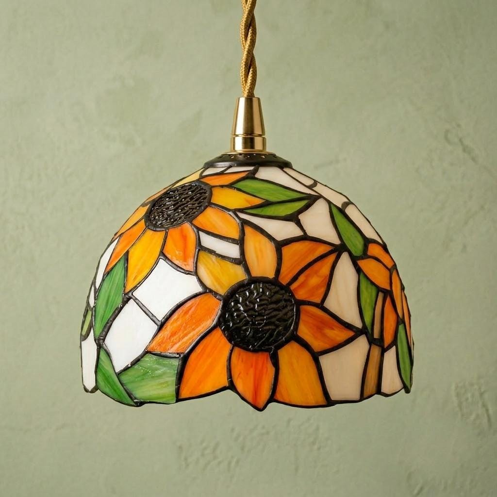 Handmade Yellow Floral Dome Tiffany-Inspired Pendant Light with Orange Petals and Green Leaves - view 5