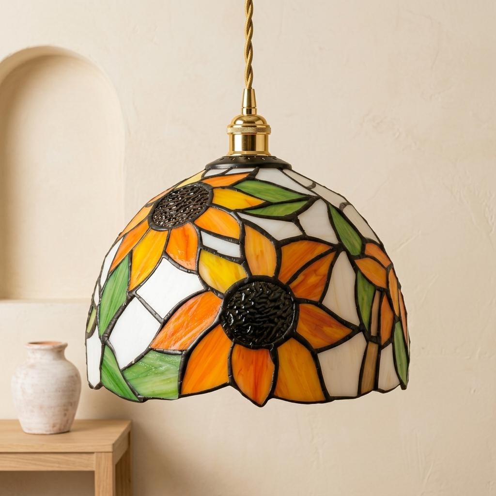 Handmade Yellow Floral Dome Tiffany-Inspired Pendant Light with Orange Petals and Green Leaves - view 7