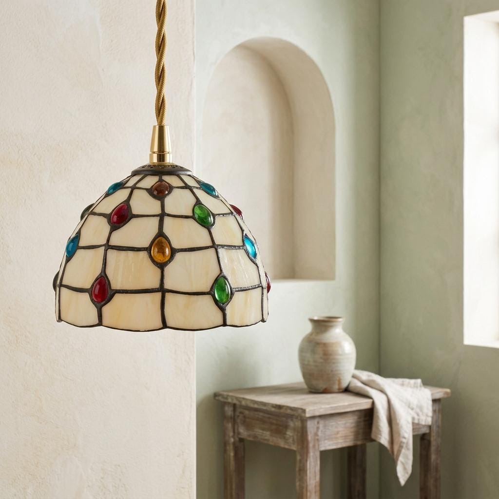 Handmade Cream Dome Tiffany-Inspired Pendant Light with Multicolor Dot Pattern - view 6