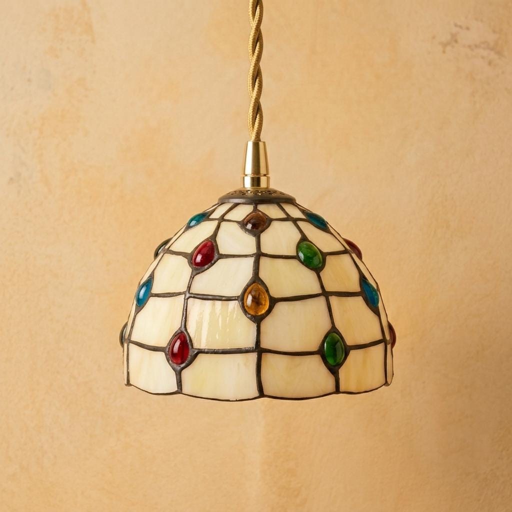Handmade Cream Dome Tiffany-Inspired Pendant Light with Multicolor Dot Pattern - view 4