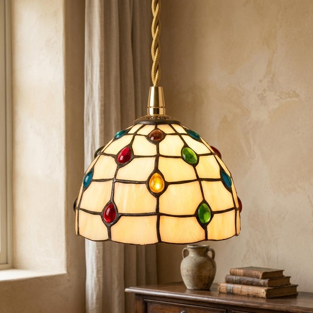 Handmade Cream Dome Tiffany-Inspired Pendant Light with Multicolor Dot Pattern - view 9