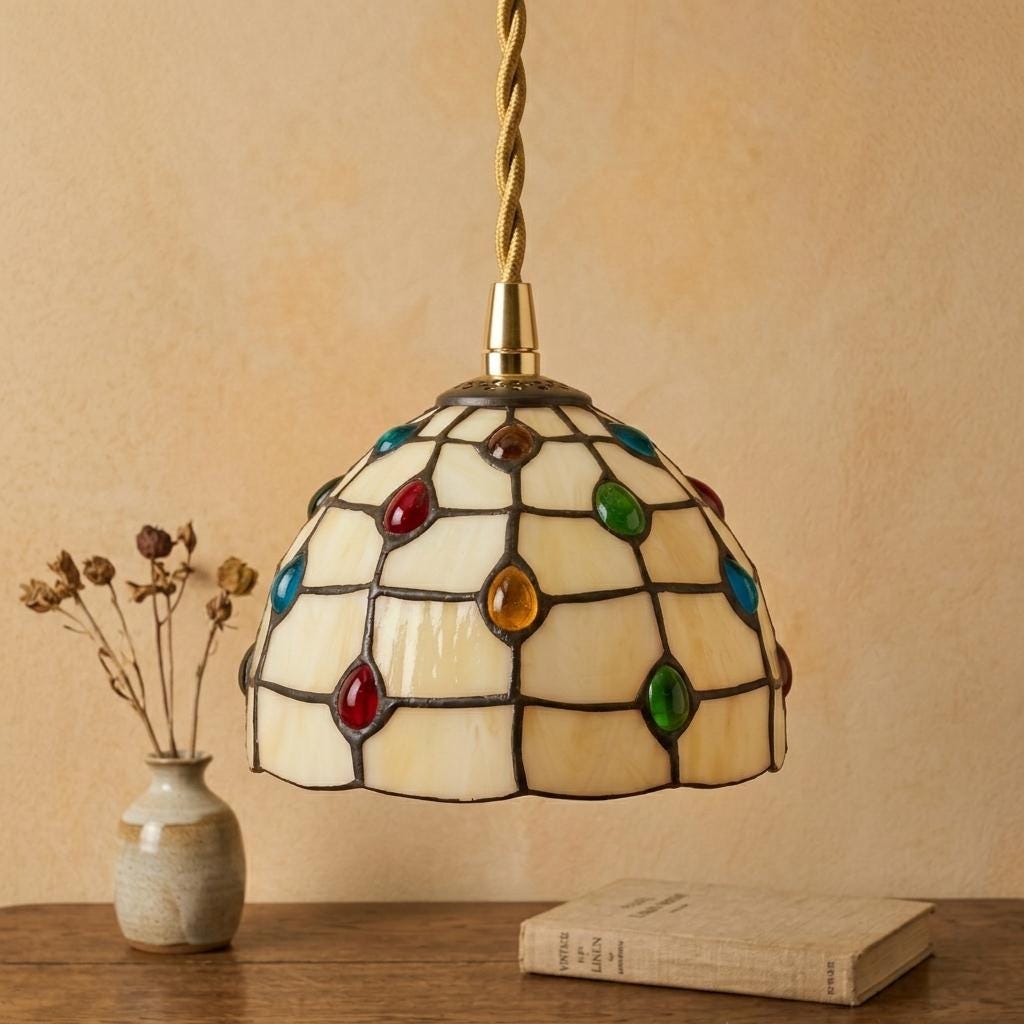 Handmade Cream Dome Tiffany-Inspired Pendant Light with Multicolor Dot Pattern - view 10