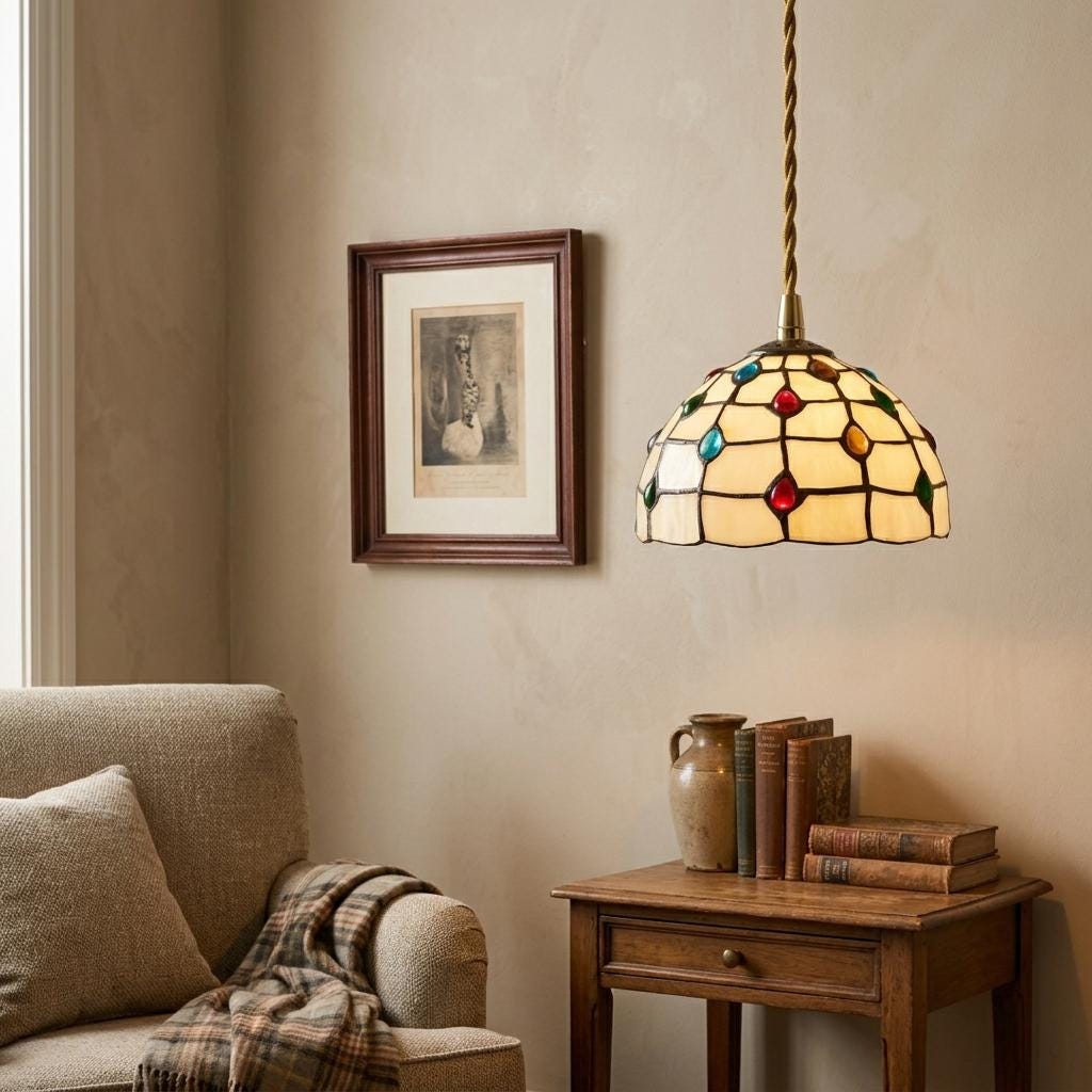 Handmade Cream Dome Tiffany-Inspired Pendant Light with Multicolor Dot Pattern - view 7