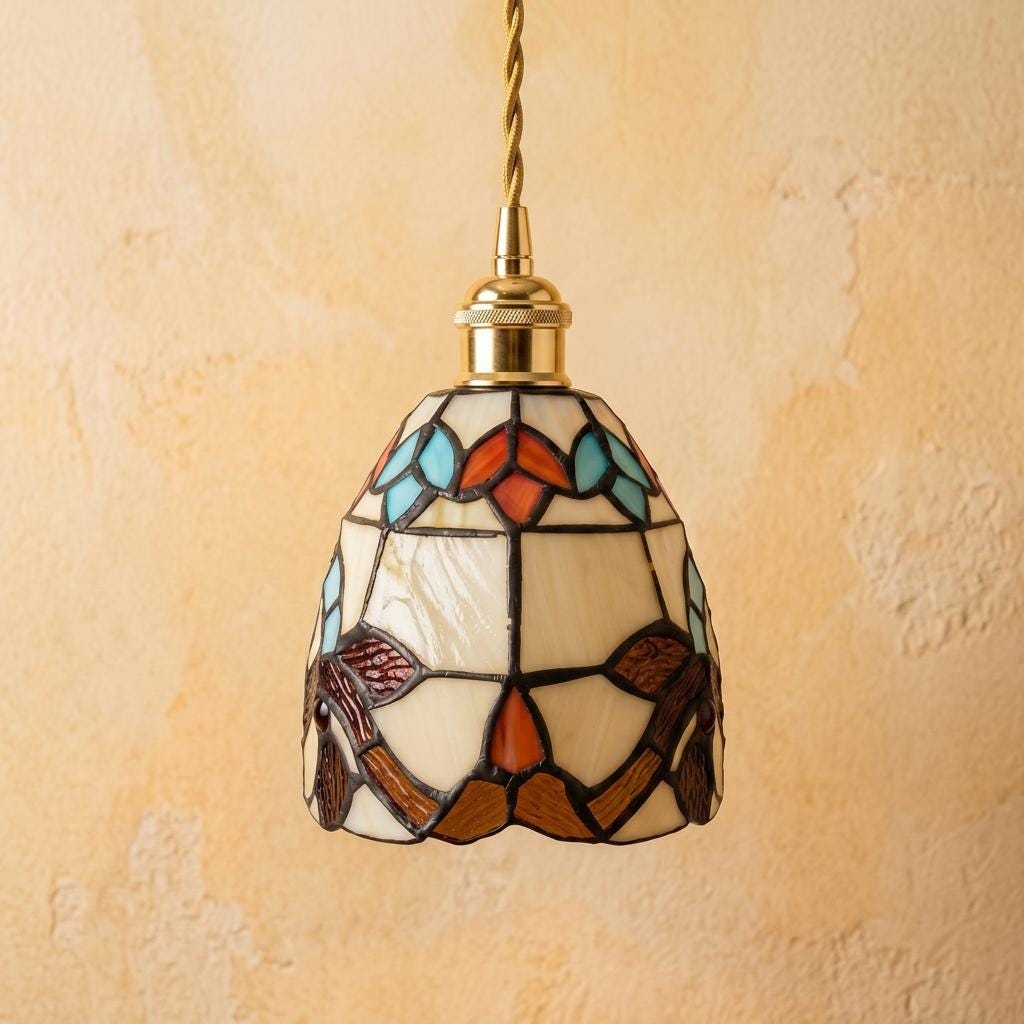 Handmade Owl-Inspired Tiffany-Inspired Pendant Light with Cream, Blue, and Amber-tone Panels - view 5