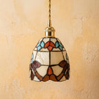 Handmade Owl-Inspired Tiffany-Inspired Pendant Light with Cream, Blue, and Amber-tone Panels - view 5