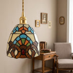Handmade Owl-Inspired Tiffany-Inspired Pendant Light with Cream, Blue, and Amber-tone Panels - view 9