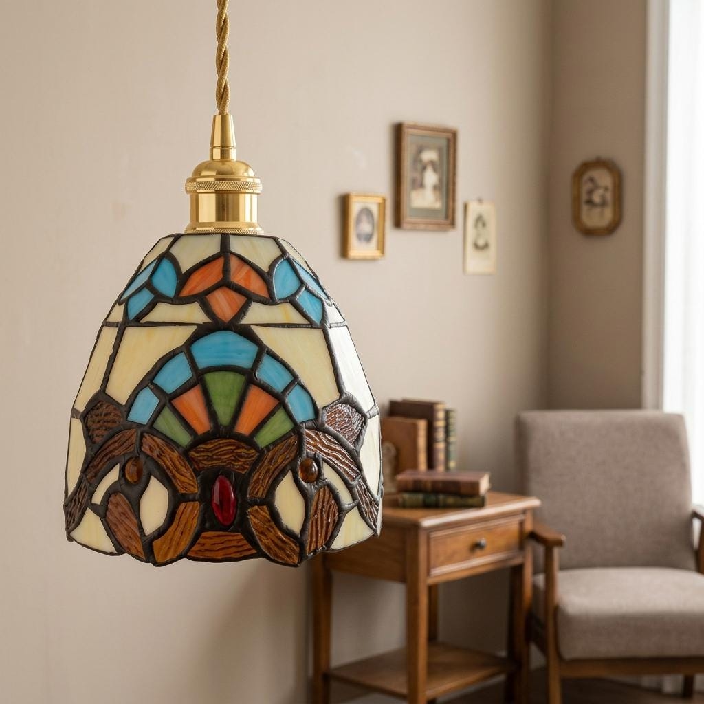 Handmade Owl-Inspired Tiffany-Inspired Pendant Light with Cream, Blue, and Amber-tone Panels - view 9