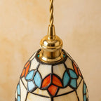 Handmade Owl-Inspired Tiffany-Inspired Pendant Light with Cream, Blue, and Amber-tone Panels - view 4