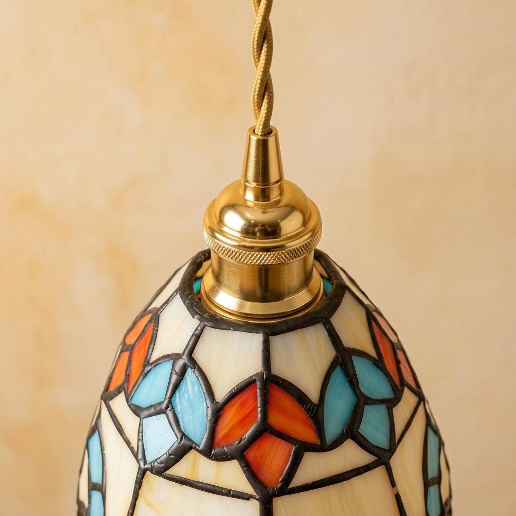 Handmade Owl-Inspired Tiffany-Inspired Pendant Light with Cream, Blue, and Amber-tone Panels - view 4