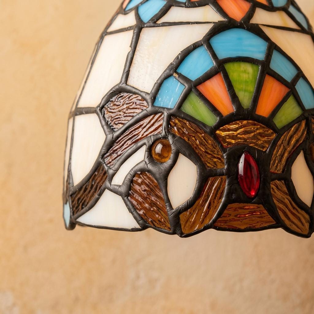 Handmade Owl-Inspired Tiffany-Inspired Pendant Light with Cream, Blue, and Amber-tone Panels - view 3