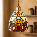 Handmade Owl-Inspired Tiffany-Inspired Pendant Light with Cream, Blue, and Amber-tone Panels - view 10