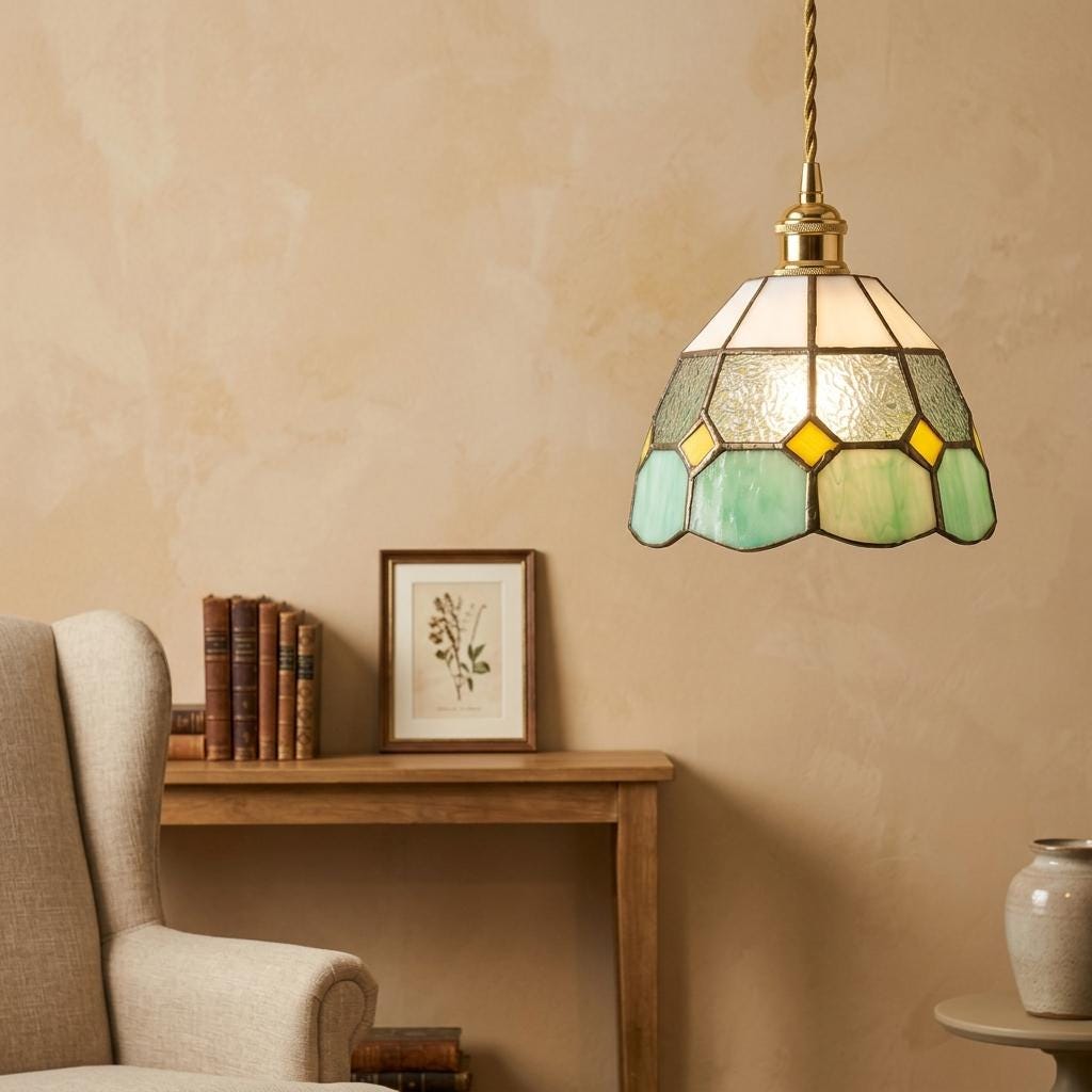 Handmade Cream and Mint-Green Faceted Dome Tiffany-Inspired Pendant Light with Yellow Diamond Motifs - view 8