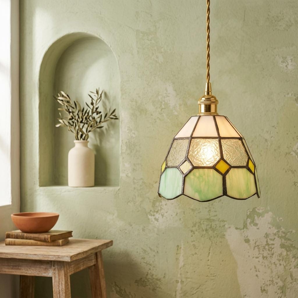 Handmade Cream and Mint-Green Faceted Dome Tiffany-Inspired Pendant Light with Yellow Diamond Motifs - view 6
